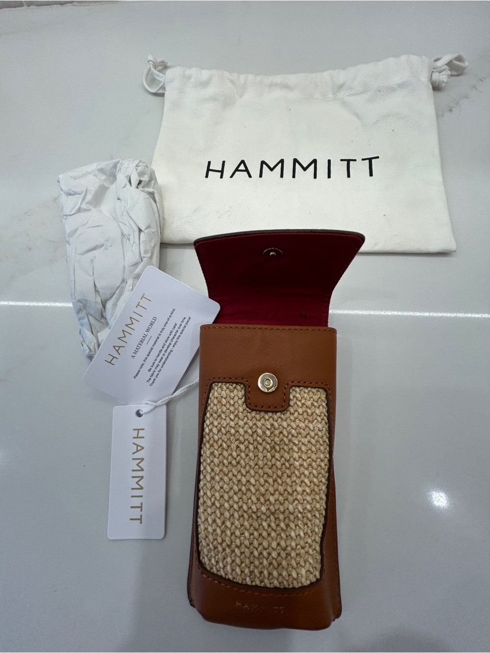 NWT - Hammitt Sunny Sleeve Cocoa Raffia sunglasses case with Red Interior